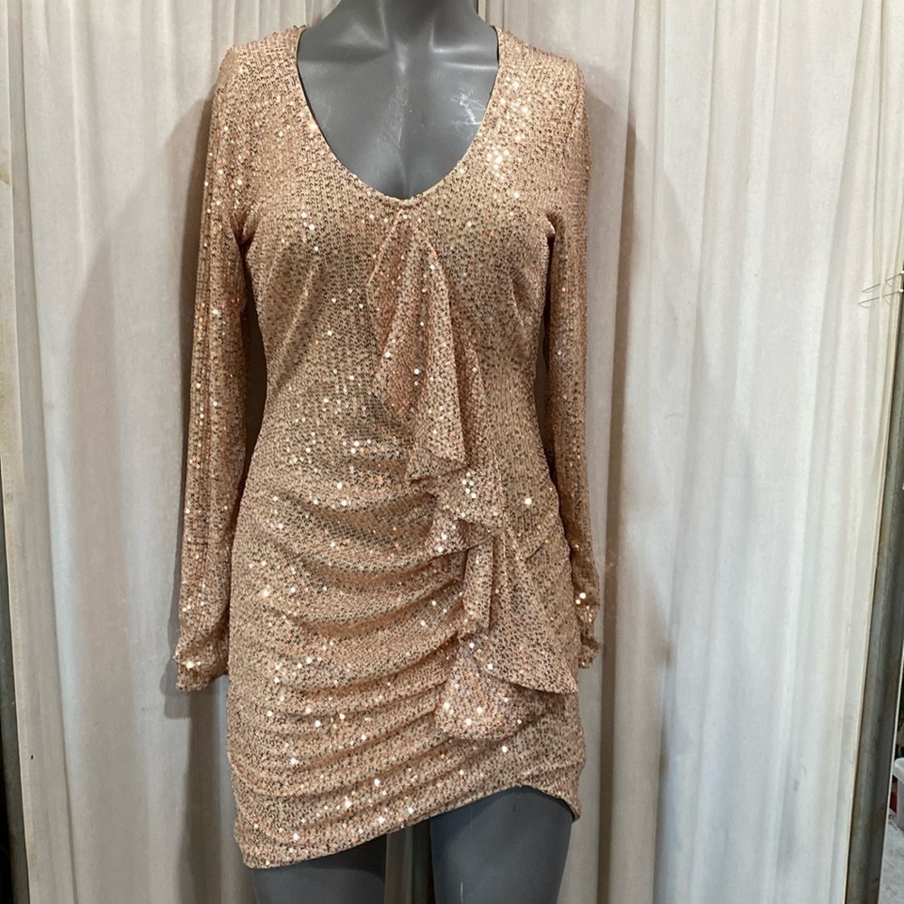 Sequin Long-Sleeve V-Neck Dress in Rose Gold